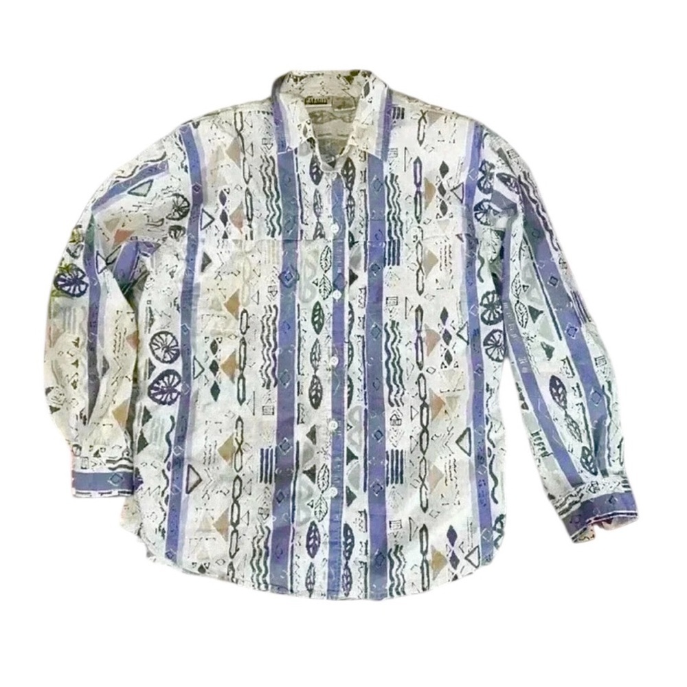 90’s Aztec Tribal Beachy 100% Print Balloon Sleeve Button Down